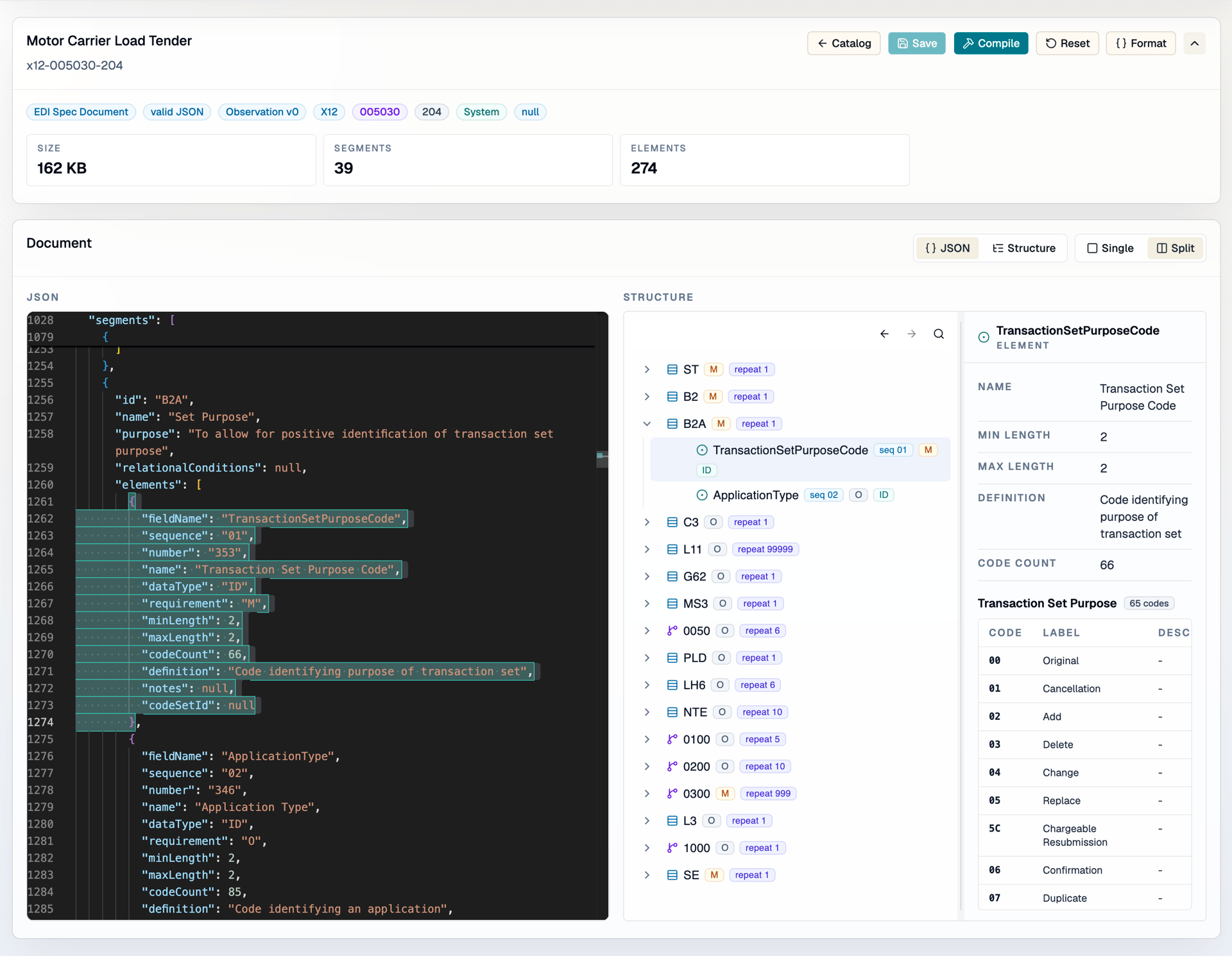 Ari shape graph editor showing an EDI specification beside the compiled structure graph and selected field metadata.
